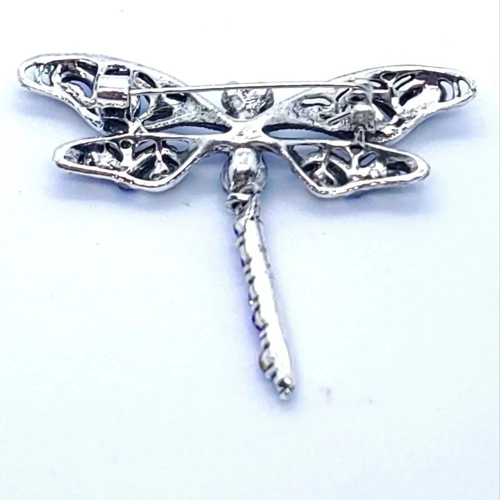Blue Rhinestone Dragonfly Brooch Articulated Tail Silver Statement Pin Gift NIP